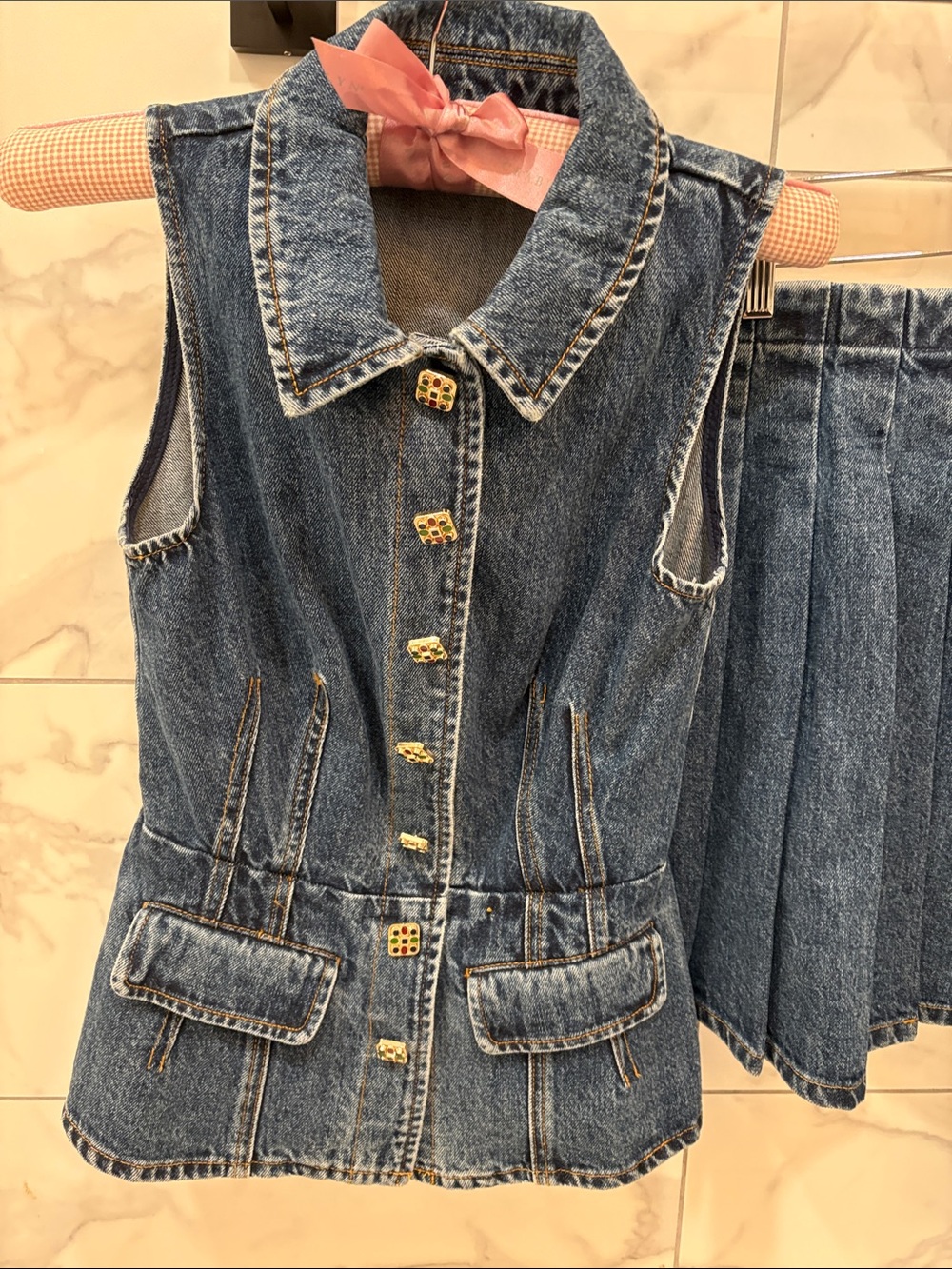 Self-Portrait Blue Denim Sleeveless Vest and Pleated Skirt Set Size 4 - Picture 2 of 10